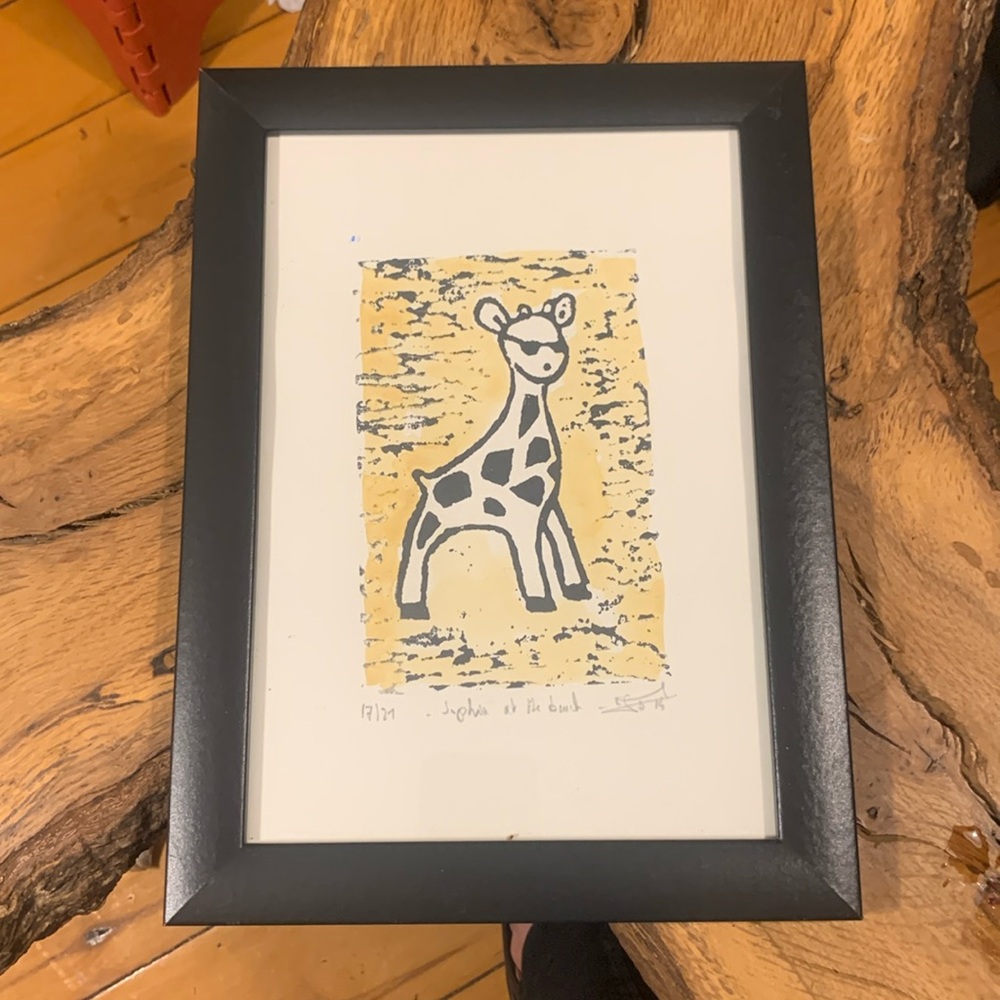 GIRAFFE SOPHIA AT THE BEACH ARTIST BLOCK PRINT BY DOMINIQUE LECOMTE